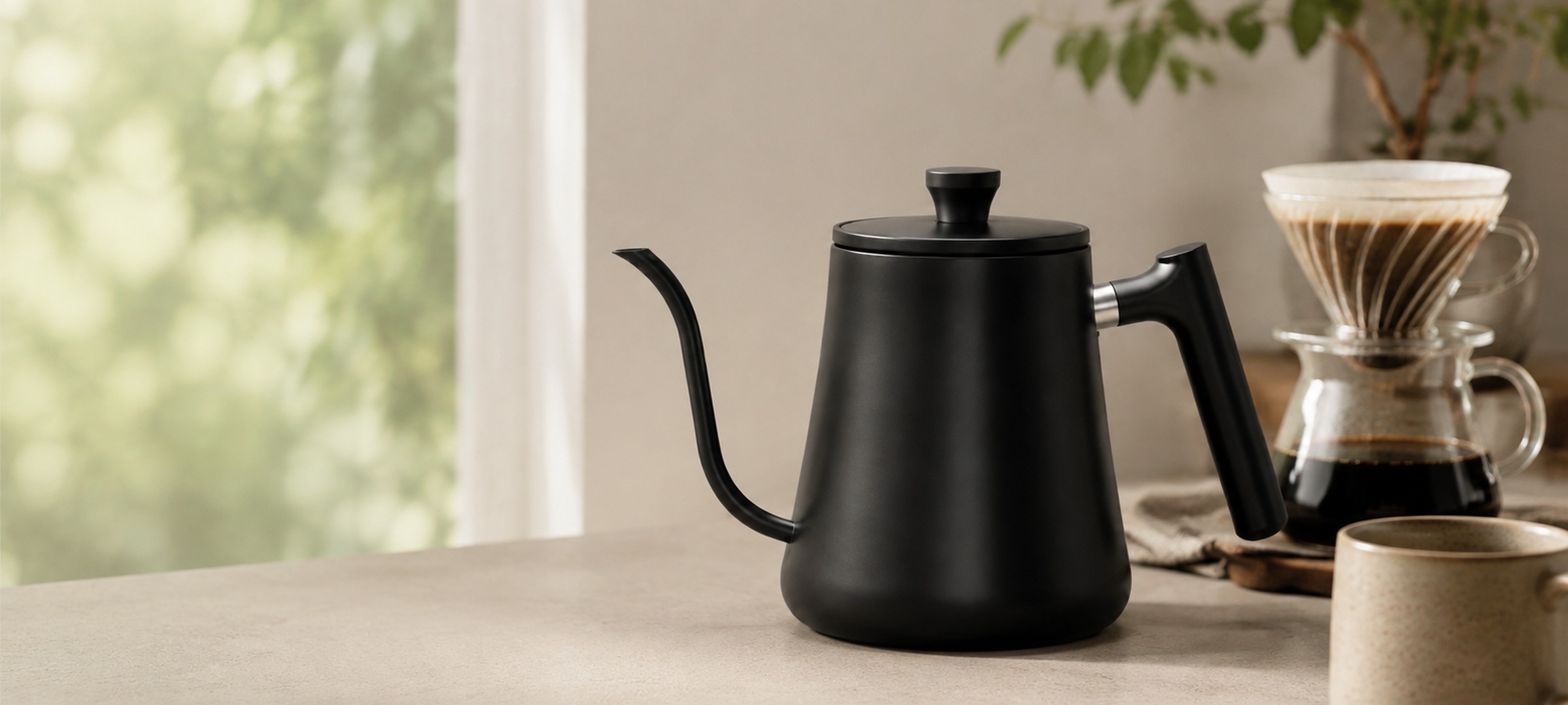 Matte Gooseneck Kettle in a calm pour-over coffee setup
